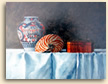 Painting of still life, shell and jar